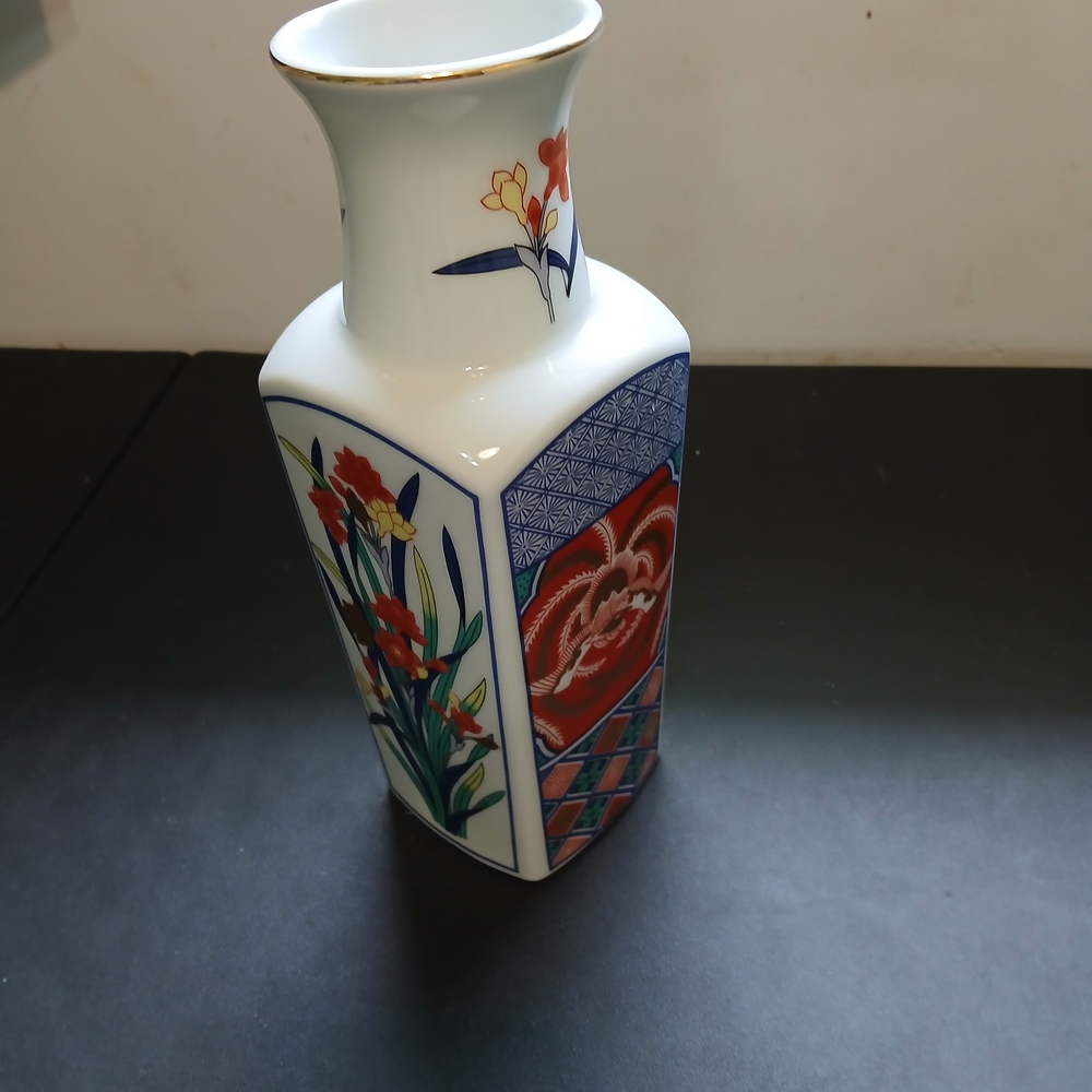 Floral Ceramic Vase with Red and Blue Accents